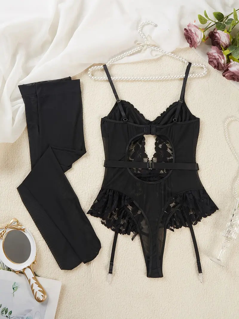 Traje de encaje negro sexy para mujeres con dobladillo rizado